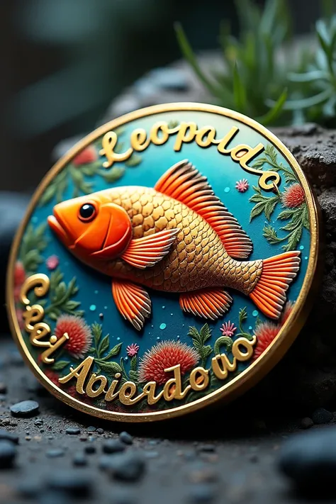 Generate a coin with the name Leopoldo Caal Alvarado around it and a beautiful fish as a background on the entire coin 