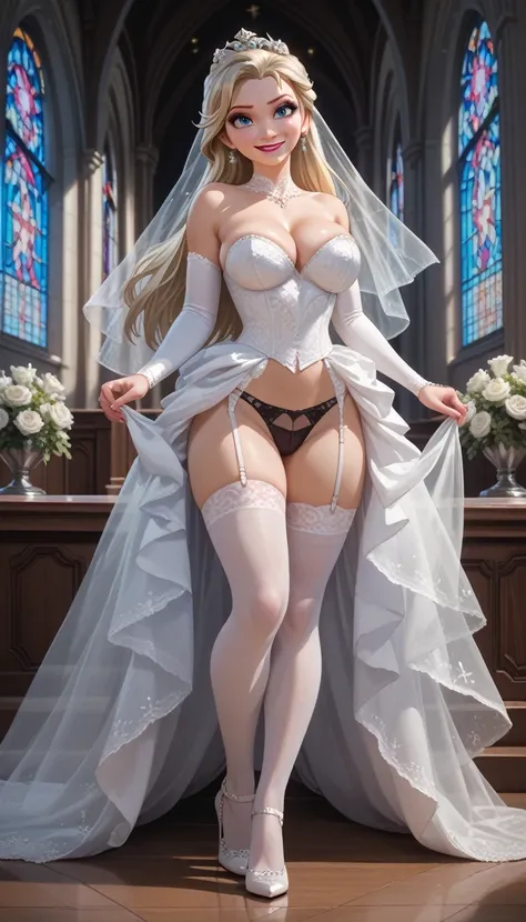 ultra-detailed, 1girl, elsa (frozen), ((masterpiece)), (best quality), (highres), 16K, long hair, blue eyes, blonde hair, bridal veil, wearing wedding gown, black panties, white thighhighs, high heels, busty body, large breasts and a beautiful ass, showcas...