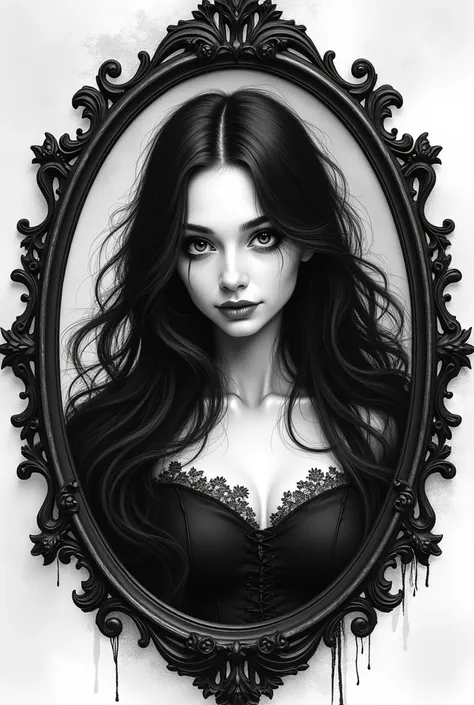 A sketched-style black-and-white portrait of a white woman with flowing black hair, wearing a gothic Victorian-inspired dress. The image should have intricate linework, dramatic shading, and a haunting, mysterious atmosphere. The portrait is framed in an o...