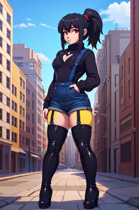 (masterpiece) (high Res), (Perfect face), (perfect anatomy), girl, black hair with pigtails, red eyes, (large chest:1.6), short, fair skin, ((skintight yellow tiny sweater top)), ((skintight black short skirt overalls)), skintight black high heel boots, ((...