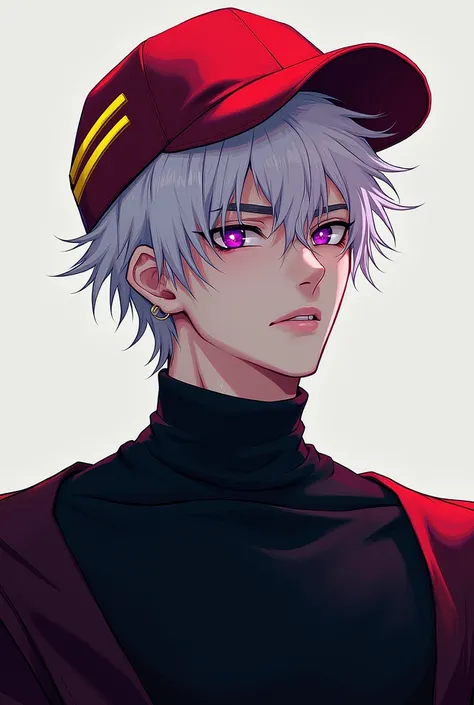 Red cap with two yellow stripes on the left side white hair with flaming purple eyes and wearing black mask 
male character black turtleneck shirt 