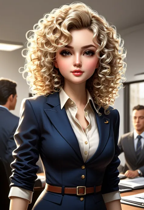 High quality,  high resolution, 1 girl, curly medium hair, light blonde hair with dark brown tips, bust size tripple bs, average body, attractive face, beautiful face, ceo of a big company, professional attire, office, boss, dominant, leading the way, in c...