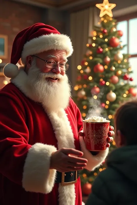 Hot chocolate served by Santa Claus at the Christmas tree 