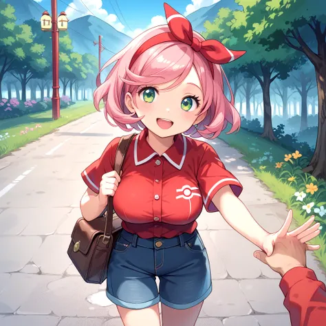 1girl, riding a bycicle, road, prairie, coundryside, smile, perfect hands, perfect hand anatomy, perfectly drawn hands, cute, cuteness, happy, beautiful green eyes, pink hair, short hair, swept bangs, large breasts, voluptuous, red polo shirt, short sleeve...