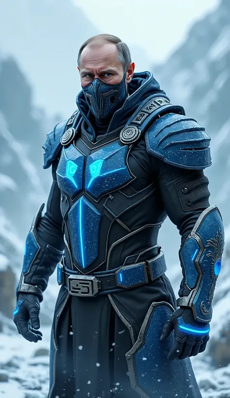 ** Description for image generation :**  

" Vladimir Putin is portrayed in a highly detailed and stylized version ,  wearing a costume inspired by Sub-Zero from Mortal Kombat .  He wears modern armor in shades of blue and black ,  with metallic details th...