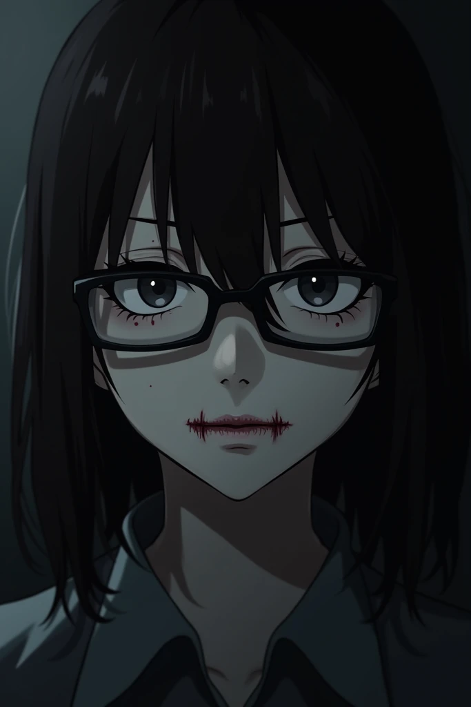 Yandere glasses with small dots around the mouth