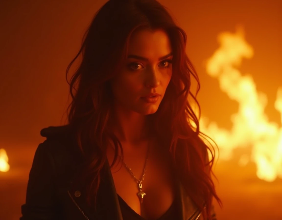 "A dynamic 16:9 cinematic thumbnail for a rock song titled Fires of Love. It features a beautiful, edgy woman with a bold and confident look, dressed in a rock-inspired outfit. She is illuminated by the warm glow of blazing flames in the background, symbol...