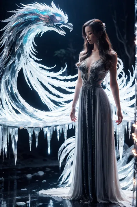 a girl wearing a long dress danced and performed a prayer ritual in front of the ice god's palace,a giant ice phoenix lurked in ...