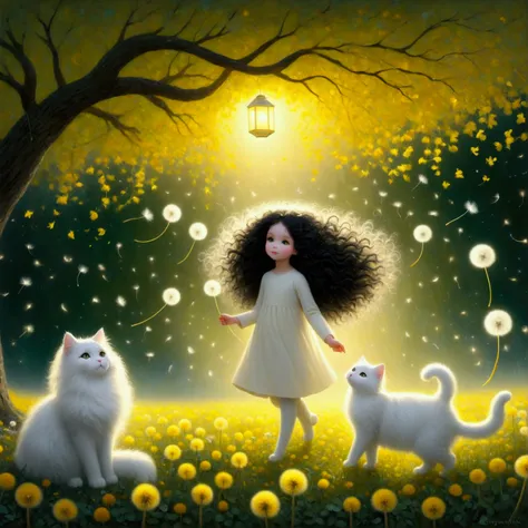 1girl, cute, long black curly hair, a white cat, soft light, dandelions flying down from the trees, the ground is covered with yellow and green leaves, emitting silver light, a floating lantern, like innocence, storybook-like, gentle depiction of nature, w...