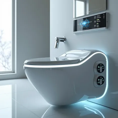 "Create an image of a futuristic toilet design, featuring sleek, minimalistic lines and advanced technology. The toilet is made of smooth, shiny materials like chrome or white porcelain with integrated LED lighting along the edges. It has a touchless contr...