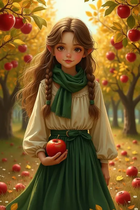 I want a picture of an  girl with brown and golden hair, braided on both sides, wearing a muddy green scarf tied behind her neck. And there are a few apples in her skirt. And the garden is full of apples, and the picture is of autumn trees with golden and ...