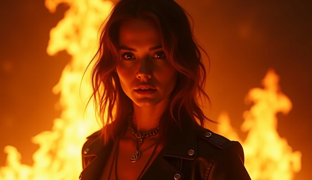 "A dynamic 16:9 cinematic thumbnail for a rock song titled Fires of Love. It features a beautiful, edgy woman with a bold and confident look, dressed in a rock-inspired outfit. She is illuminated by the warm glow of blazing flames in the background, symbol...