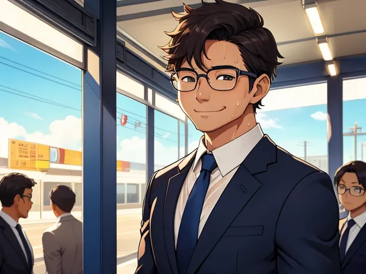  thick outline、human、male、Age 30、Muscular、Short Hair、 tanned skin、suit、tie、Glasses、sweat、Modern station 、sunnyている、sunny、good mood 、fine