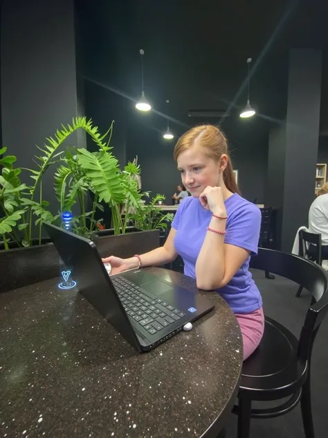 the girl in the photo points to the laptop screen ,  from which artificial intelligence breaks off the screen