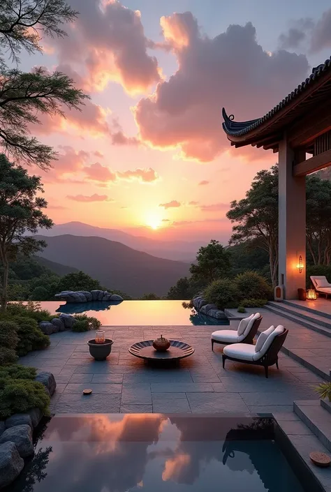 A patio,Chinese-style,Realistic,luxury,Detached villa garden,evening scene,sky clouds sunset,Excellent picture quality,8K Ultra High Definition