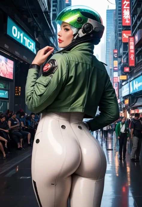 1girl,solo,futuristic city background,cowboy shot,ruanyi0812,white bodysuit,skin tight,sci-fi,green jacket,green jacket,open jac...