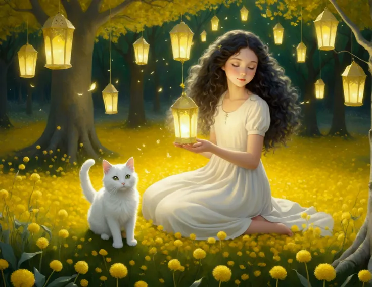 1girl, cute, long black curly hair, a white cat, soft light, dandelions flying down from the trees, the ground is covered with yellow and green leaves, emitting silver light, a floating lantern, like innocence, storybook-like, gentle depiction of nature, w...