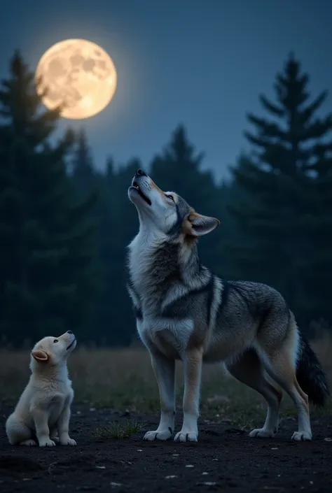 A (((cute small fluffy puppy))) with it nose pointing up at a (((big, full moon))), accompanied by a (((giant, fluffy, yet slender adult wolf))) with a luxurious coat patterned in black, standing tall with its head tilted back, looking up at the moon, howl...