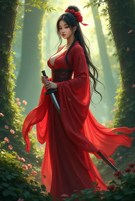 a realism image of a woman with big breast,a woman in a red kimono dress holding a sword in a forest,very long hair, by Yang J, chengwei pan on artstation, 2. 5 d cgi anime fantasy artwork, 4k fantasy art, ross tran 8 k, fanart best artstation, alena aenam...