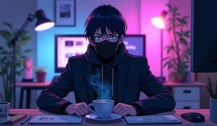  Create an anime-style image of a YouTuber in his home studio looking into the camera with a mysterious air and wearing a mask covering his mouth.

With a color palette of neon blue white and purple  

With hands resting on the table but maintaining an upr...