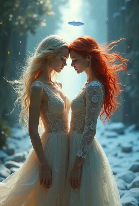 ultra realistic professional full body facing camera  (((two ethereal women - one blonde, one with vibrant red hair - suspended in a quantum dreamscape where reality dissolves into pure magical energy, wearing translucent lace dresses that breathe and puls...