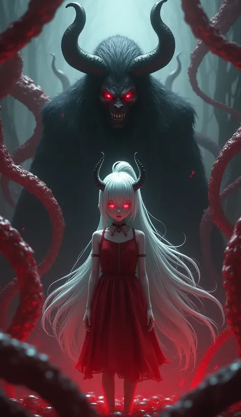 The image depicts a demon girl in a red dress with very long white hair in a high ponytail braid, with her very long white hair in a high ponytail braid with an elastic band and large horns reminiscent of demon horns. with red glowing eyes. She stands in f...