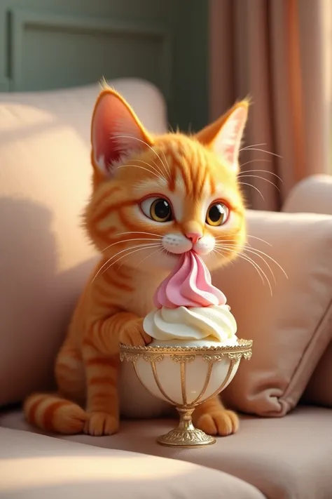 Generate a high quality 3D image:An orange cat is sitting on sofa with a bowl of nice ice cream 