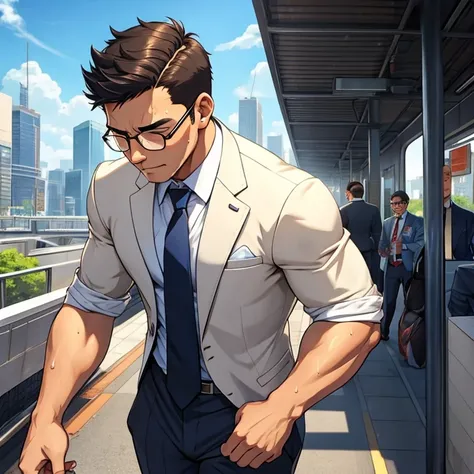  thick outline、human、male、37 years old、Muscular、crew cut、 tanned skin、suit、tie、Glasses、sweat、City、Modern station 、noon、Clear sky