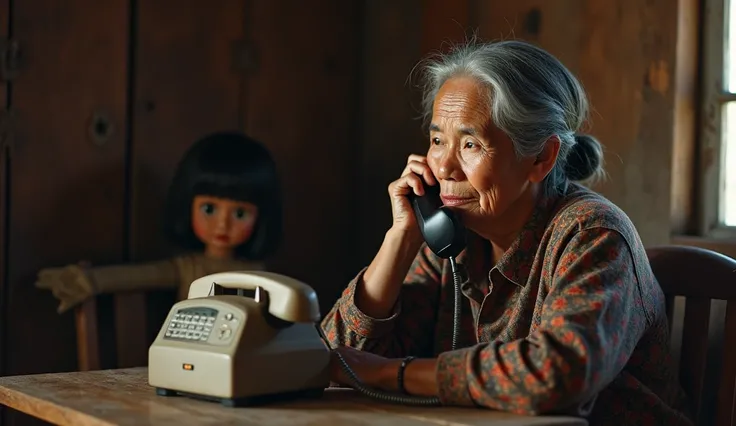 {photorealistic, tense atmosphere} 
Ayu Kartika ,  a 65-year-old Indonesian woman with marked wrinkles and gray hair ,  is sitting near an old telephone in her small living room . Sua expressão é séria enquanto ouve a professora de goddess. goddess, a  Ind...