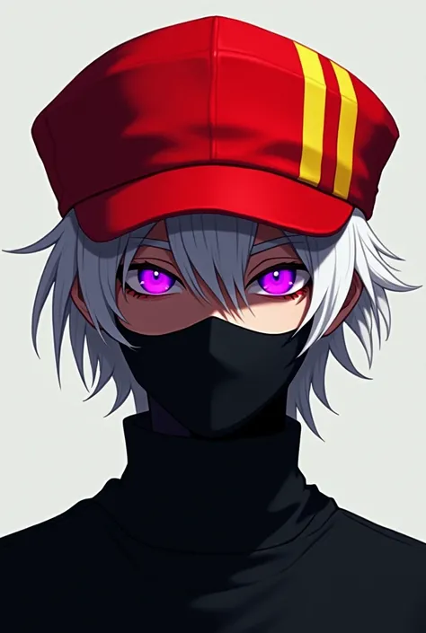 Red cap with two yellow stripes on the left side white hair with flaming purple eyes and
black turtleneck shirt male character wearing black mask 