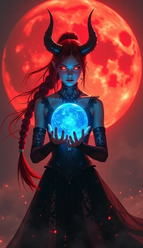 The picture shows a demon girl with very long red hair, in a high ponytail braid hairstyle, wrapped her very long red hair in a high ponytail braid with an elastic band, who is dressed in a long black dress with red, lava-like patterns. On her head she has...