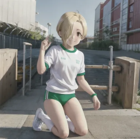 shirasaka koume, alone, , the girl is wearing (glob ruma :1.3)  ( glove gym uniform :1.2) ( sitting on track on course ) (holdin...