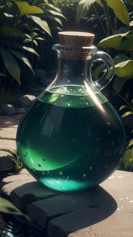 a medium round flask with a potion, filled with a green liquid, in an ancient and medieval environment, anime style
