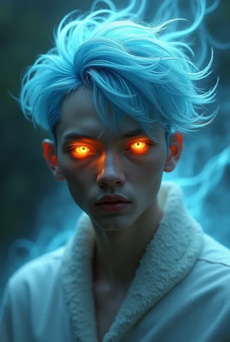 man with light blue hair with orange eyes 