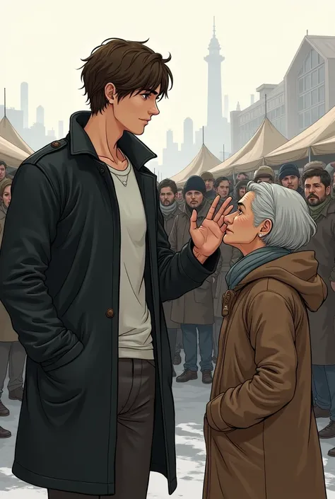 Create a drawing of tall, handsome guy with soft features, with brownish hair covering his forehead, hes wearing a black dust coat with a white t-shirt inside of the dust coat, hes waving his hand to greet a elderly woman wearing some clothes for the cold,...