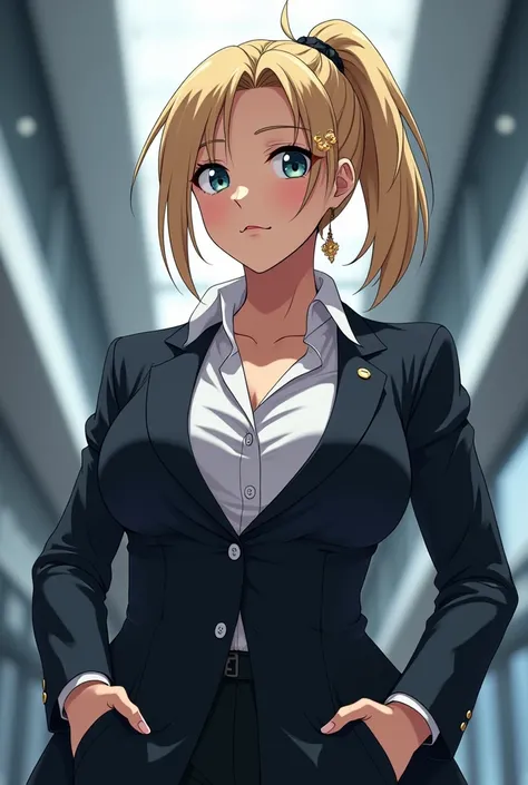  Style Anime a woman with a sturdy and muscular body with short blonde hair with a ponytail,clothing of the head of a billion-dollar company with hair accessories,giant breasts