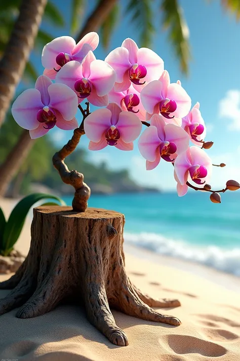 A coconut stump on the beach is overgrown with orchids that are in bloom. Draw a close-up of a coconut stump and an orchid tree with the beach and sea in the background. Emphasis should be given to interweaving elements, shape, color and