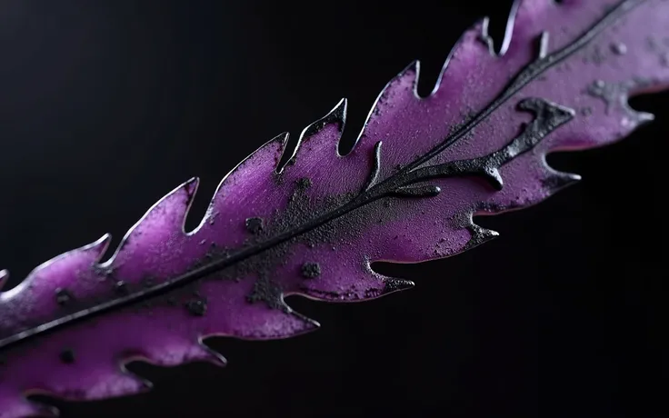  A purple double blade naginata with black details, the leaves are curved and serrated 