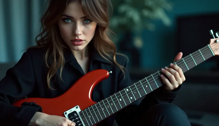 Beautiful woman with blue eyes and contoured lips, Sitting and playing electric guitar in a sensual way