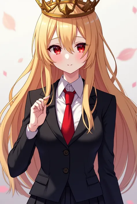  24-year-old young woman , light skin,  long loose blonde hair , crimson red eyes, wears a dark suit , red tie, a dark skirt and a gold crown anime manga style