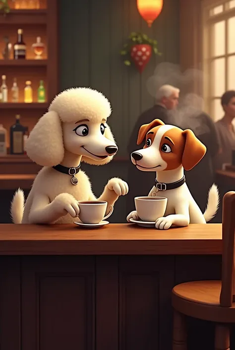 A poodle and a Jack Russell drink coffee at the bar