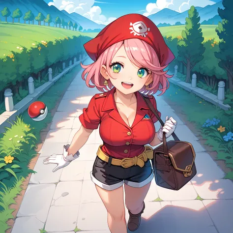 1girl, walking, holding a pokeball, white biker gloves, yellow fanny pack on back, road, prairie, coundryside, smile, perfect hands, perfect hand anatomy, perfectly drawn hands, cute, cuteness, happy, beautiful green eyes, pink hair, short hair, swept bang...