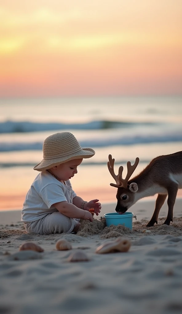 A cute scene of a baby playing with baby reindeer on a quiet beach at dusk. The baby is sitting on the soft sand, wearing a straw hat and light clothing, while building small mounds of sand. The baby reindeer, are curious and playful, exploring the area, o...