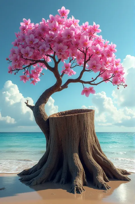 A coconut stump by the beach with orchids in bloom Draw a close-up of a coconut stump and an orchid tree with the beach and sea in the background. Emphasis should be given to interweaving elements, shape, color and space