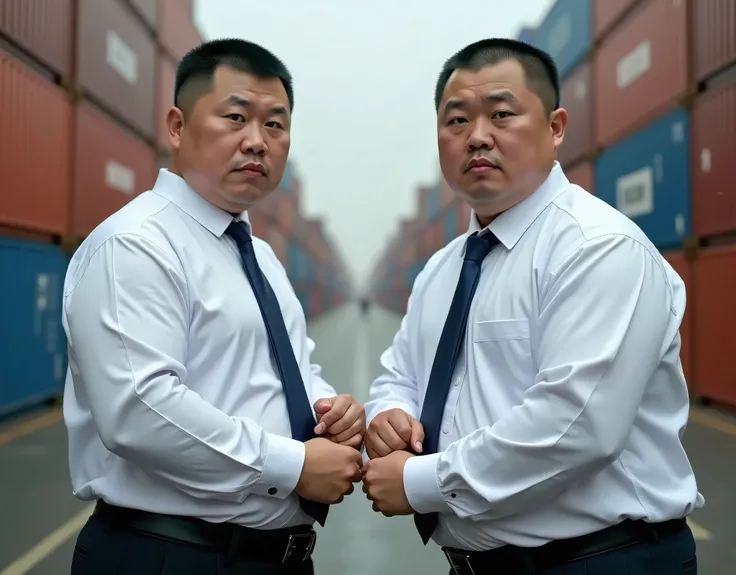  best quality,  facial focus, super high resolution, (Reality:1.4),  RAW Photo ,  two obese young Chinese men wearing plain white long-sleeved shirts，Short hair flat head，Lips tightly closed，Dark blue tie、 have a serious expression ， facing the camera，Cont...