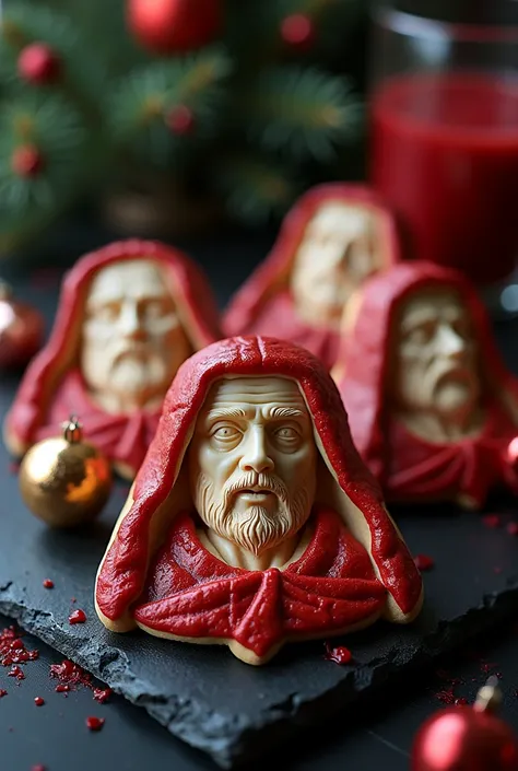  Christmas cookies in the shape of a saint with blood. Realistic and on a black table .
