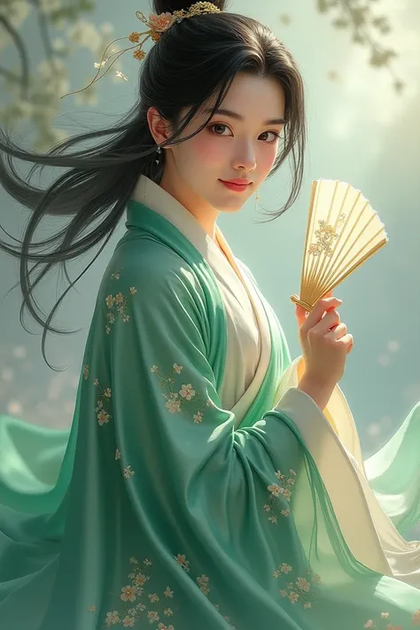 Photo realistic image of a 21 years old young man in flowing silk green and white hanfu. Playful, happy attitude, long black hair, fan in hand. Looks like Shi Qingxuan from Heaven Official’s Blessing 