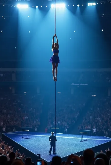 Taylor Swift descends from the top of a stadium on a rope to the T stage in a blue glitter skirt and top with her face can be seen