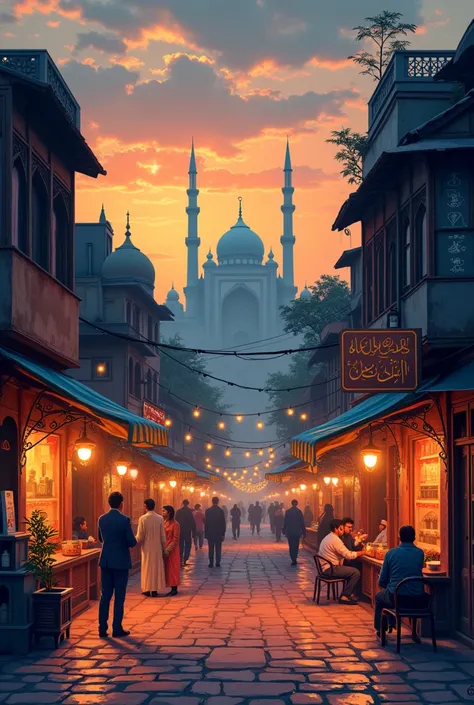 Create a 2D illustration in flat colors of a bustling street in old Lahore at dusk, where cobblestones reflect the golden light of oil lamps. Intricately adorned with truck art motifs, chai dhabas hum with the aroma of freshly brewed tea, while Urdu callig...