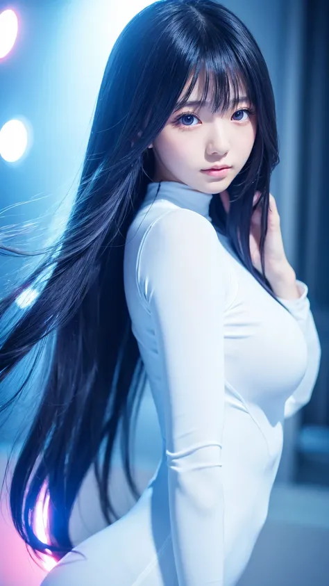 super beautiful face, japanese girl,  long straight hair, high school student, anime style, white body suit, blue light laser beam, colorful hair